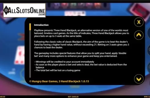 Info. 3 Hand Blackjack (HungryBear) from HungryBear