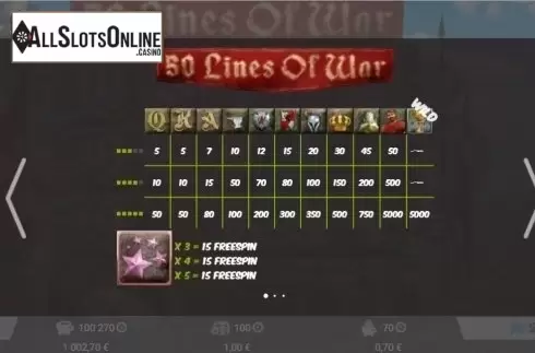 Paytable 1. 50 Lines Of War from MrSlotty