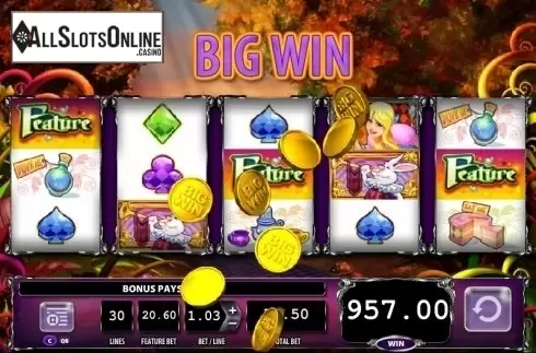Big Win screen. Alice & The Mad Tea Party from WMS
