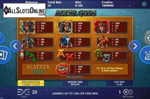 Paytable. Alter Gods from DLV