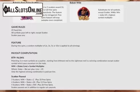 Paytable 2. Babak's Quest from Maverick