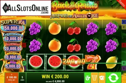 Win Screen. Back to the Fruits Respins of Amun-Re from Gamomat