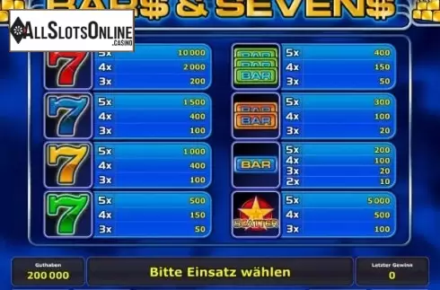 Paytable 1. Bars & Sevens from Greentube