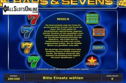 Paytable 2. Bars & Sevens from Greentube