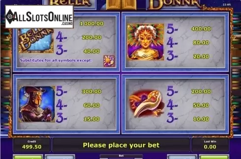 Paytable 1. Bella Donna from Greentube