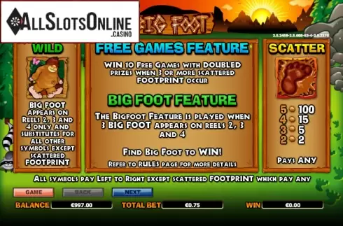 Paytable 1. Big Foot from NextGen