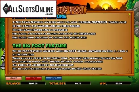 Paytable 3. Big Foot from NextGen