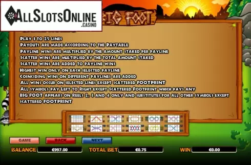Paytable 4. Big Foot from NextGen