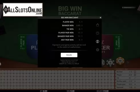 Paytable. Big Win Baccarat from iSoftBet