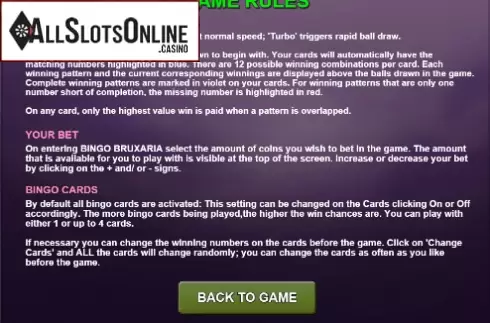Rules Screen. Bingo Bruxaria from Caleta Gaming