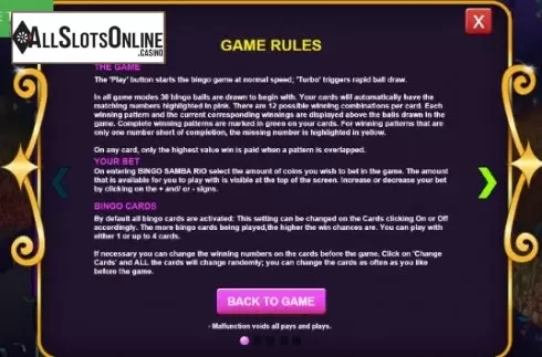 Rules Screen. Bingo Samba Rio from Caleta Gaming