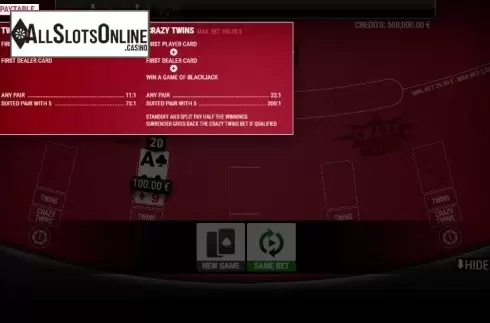 Paytable. BlackJack Twins and Crazy Twins VIP from GAMING1