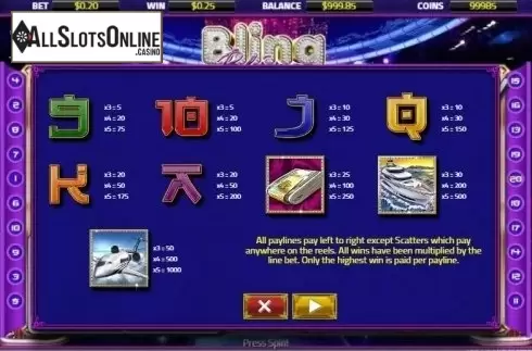 Paytable. Bling Bling from XIN Gaming