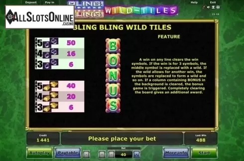 Features. Bling Bling Wild Tiles from Novomatic