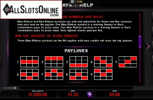 Paytable. Blue Ribbon from Everi
