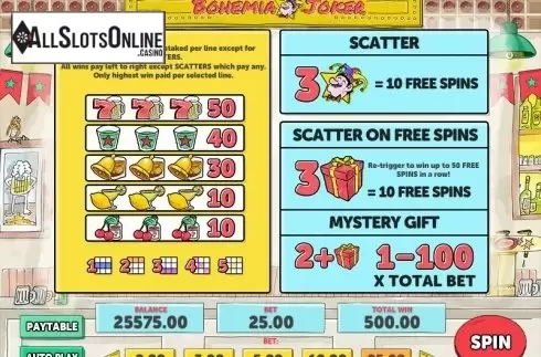 Paytable. Bohemia Joker from Play'n Go