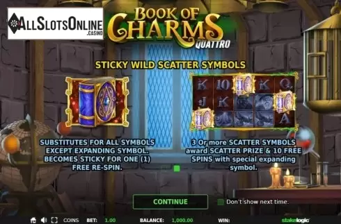 Start Screen. Book of Charms from StakeLogic