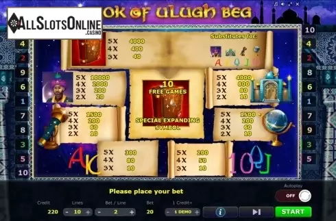 Paytable. Book of Ulugh Beg from Five Men Games