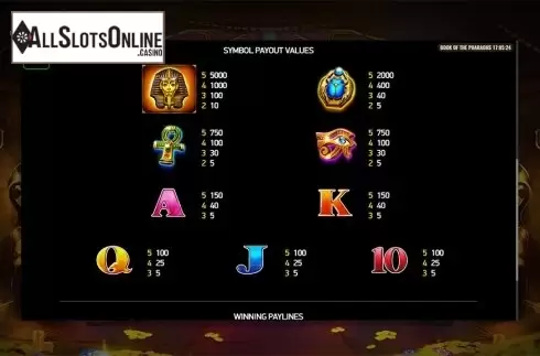 Paytable 2. Book of the Pharaohs from Playreels