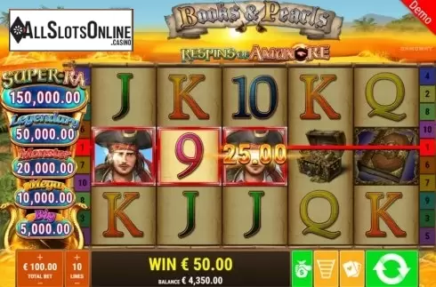 Win Screen 2. Books and Pearls Respins of Amun-Re from Gamomat