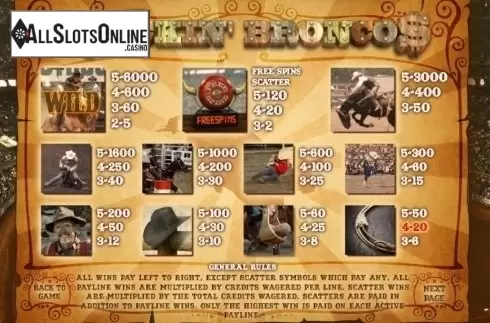 Paytable 1. Buckin' Broncos from Genii