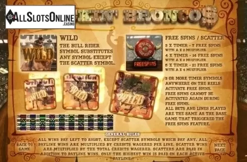 Paytable 2. Buckin' Broncos from Genii
