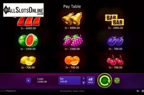 Paytable. Burning Wins: classic 5 lines from Playson