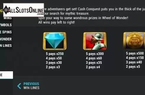 Paytable 1. Cash Conquest from Slot Factory