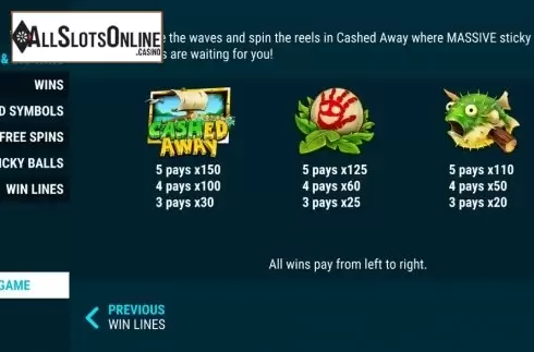 Paytable screen. Cashed Away from Slot Factory