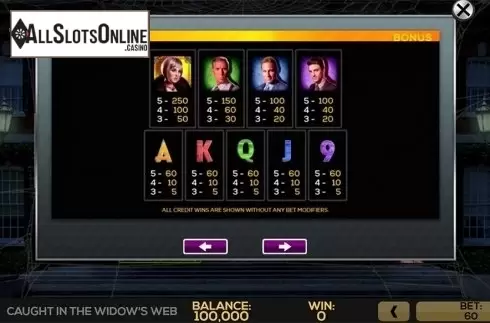 Paytable 2. Caught in the Widow's Web from High 5 Games