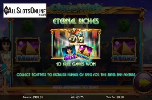 Free Spins Presentation screen. Cleo's Wish from NextGen