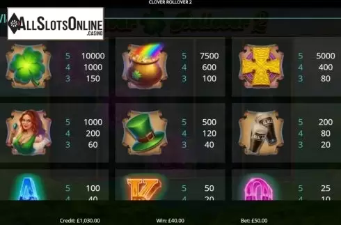 Paytable. Clover Rollover 2 from Eyecon
