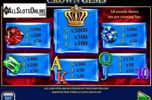 Paytable 1. Crown Gems Hi Roller from Barcrest