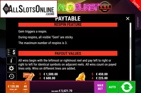 Paytable 1. Crystal Burst XXL from Gamomat