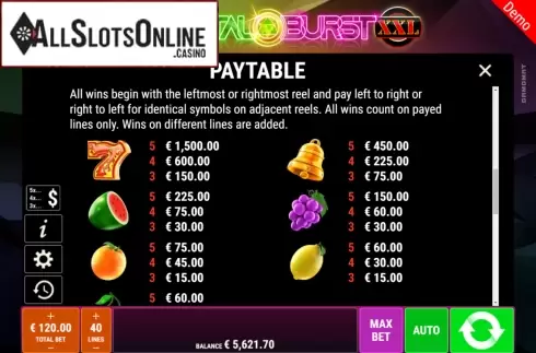 Paytable 2. Crystal Burst XXL from Gamomat