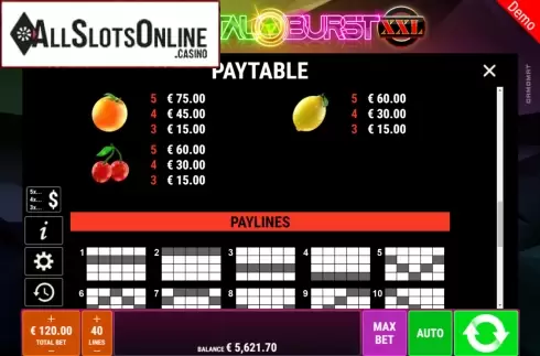Paytable 3. Crystal Burst XXL from Gamomat