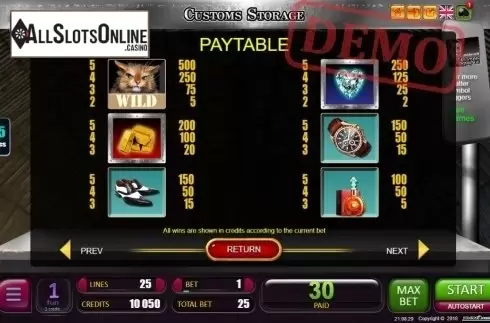 Paytable 1. Customs Storage from Belatra Games