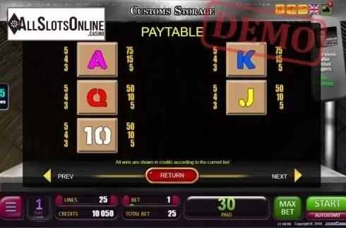 Paytable 2. Customs Storage from Belatra Games