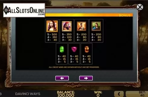 Paytable . DaVinci Ways from High 5 Games