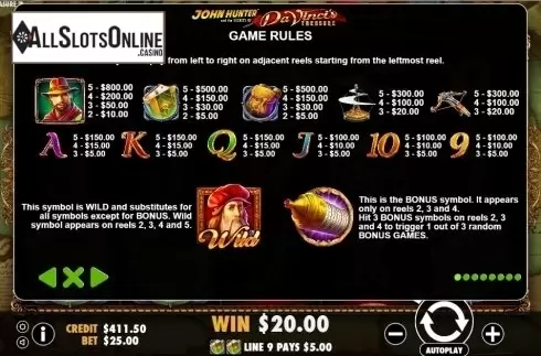 Paytable 1. Da Vinci's Treasure from Pragmatic Play