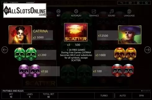 Paytable 1. Dia de Los Muertos (Endorphina) from Endorphina