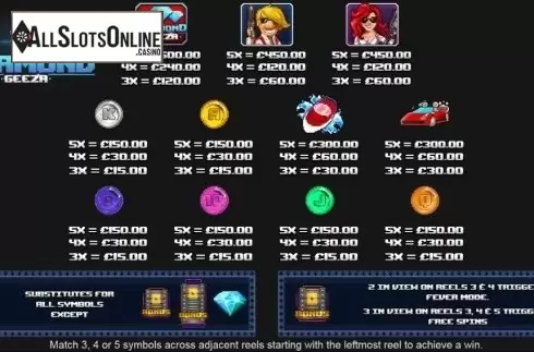 Paytable 1. Diamond Geeza from Inspired Gaming