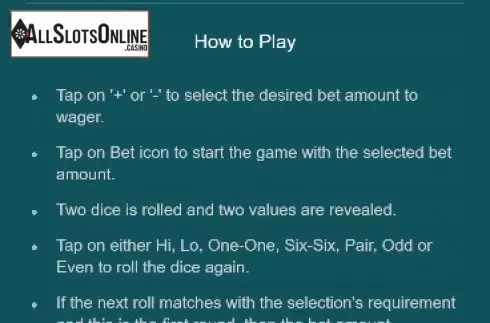 Game rules. Dice Hi Lo (PG Soft) from PG Soft