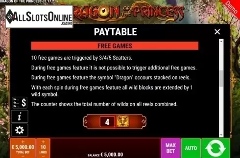 Features. Dragon of the Princess from Gamomat
