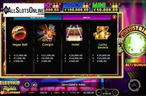 Paytable 2. Electric Nights King Strike from Ainsworth