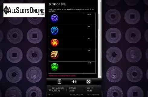 Paytable screen. Elite of Evil - The First Quest from Gluck Games