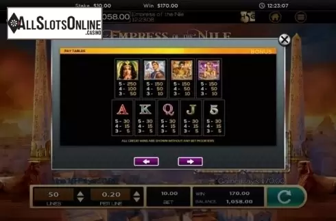 Paytable 1. Empress of the Nile from High 5 Games