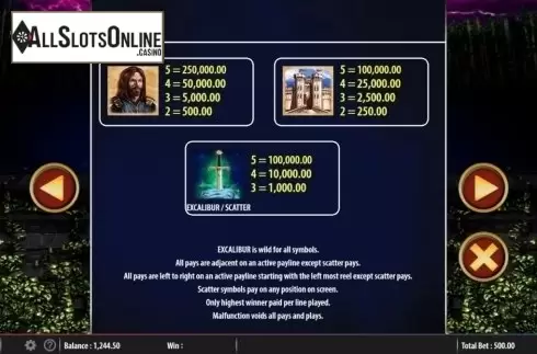 Paytable. Excalibur's Choice from Barcrest