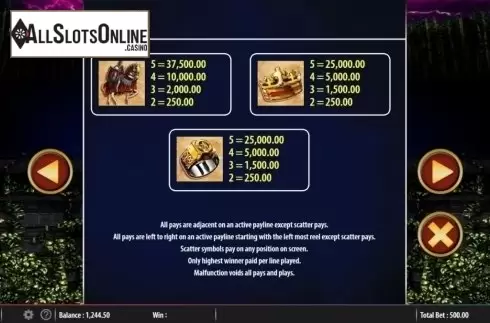 Paytable. Excalibur's Choice from Barcrest