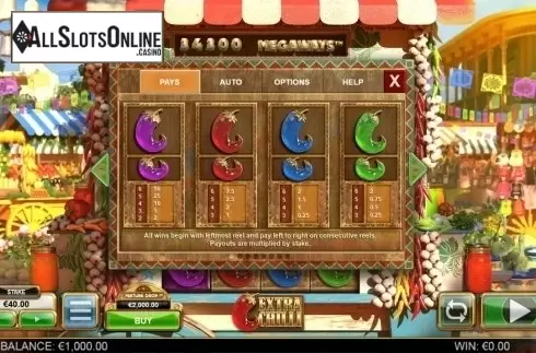 Paytable. Extra Chilli from Big Time Gaming